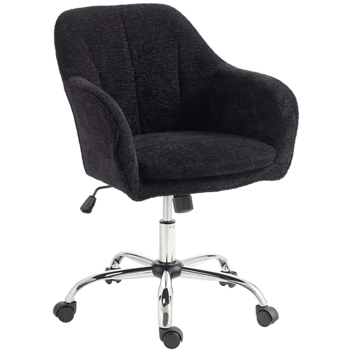 Snow Flannel Office Chair, Modern Makeup Vanity Chair with Tub Back, Swivel Rolling Computer Armchair for Bedroom, Living Room, Black