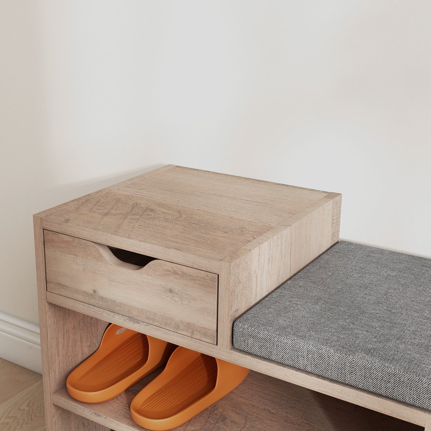 HOMCOM Shoe Storage Bench, Shoe Rack Bench with Seating Cushion, Drawer, 3 Open Compartments and Table Top for Entryway, Hallway, Distressed Grey