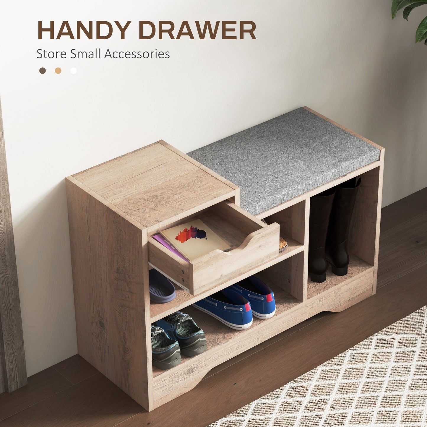 HOMCOM Shoe Storage Bench, Shoe Rack Bench with Seating Cushion, Drawer, 3 Open Compartments and Table Top for Entryway, Hallway, Distressed Grey