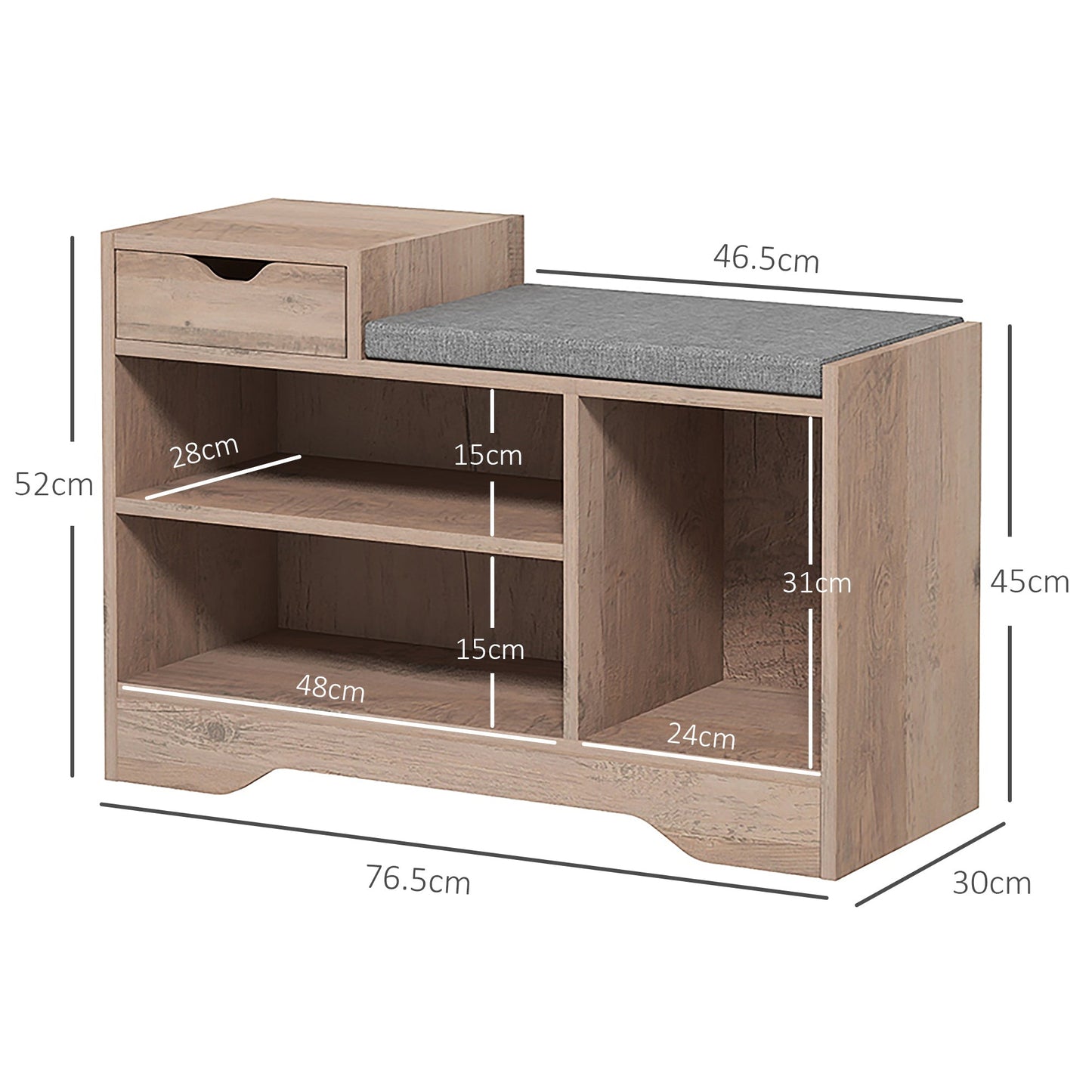 HOMCOM Shoe Storage Bench, Shoe Rack Bench with Seating Cushion, Drawer, 3 Open Compartments and Table Top for Entryway, Hallway, Distressed Grey