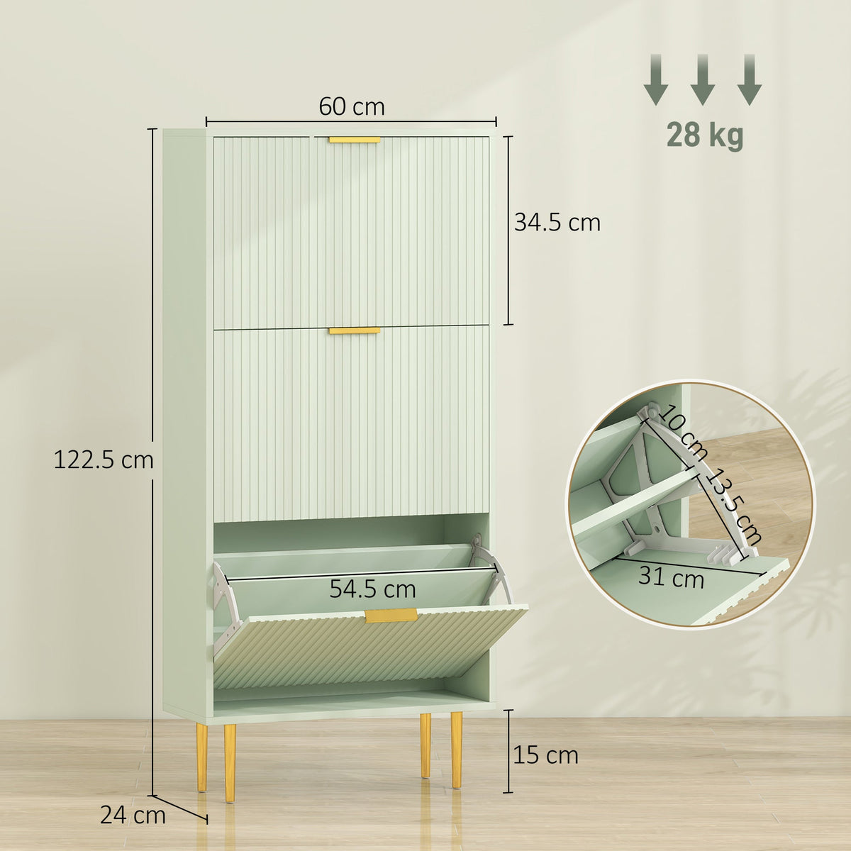 Narrow Shoe Cabinet with 3 Flip Drawers, Modern Slim Shoe Storage Cabinet with Fluted Doors and Adjustable Shelves for Hallway, Holds 9-18 Pairs, Light Green