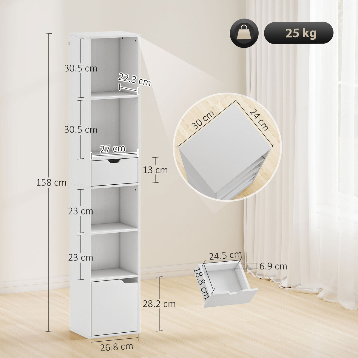 6-Tier Bookcase, Tall Narrow Bookshelf with Drawer, Door, Adjustable Shelf, Modern Display Standing Shelving Unit for Living Room, Home Office, Bedroom, 30 x 24 x 158 cm, White