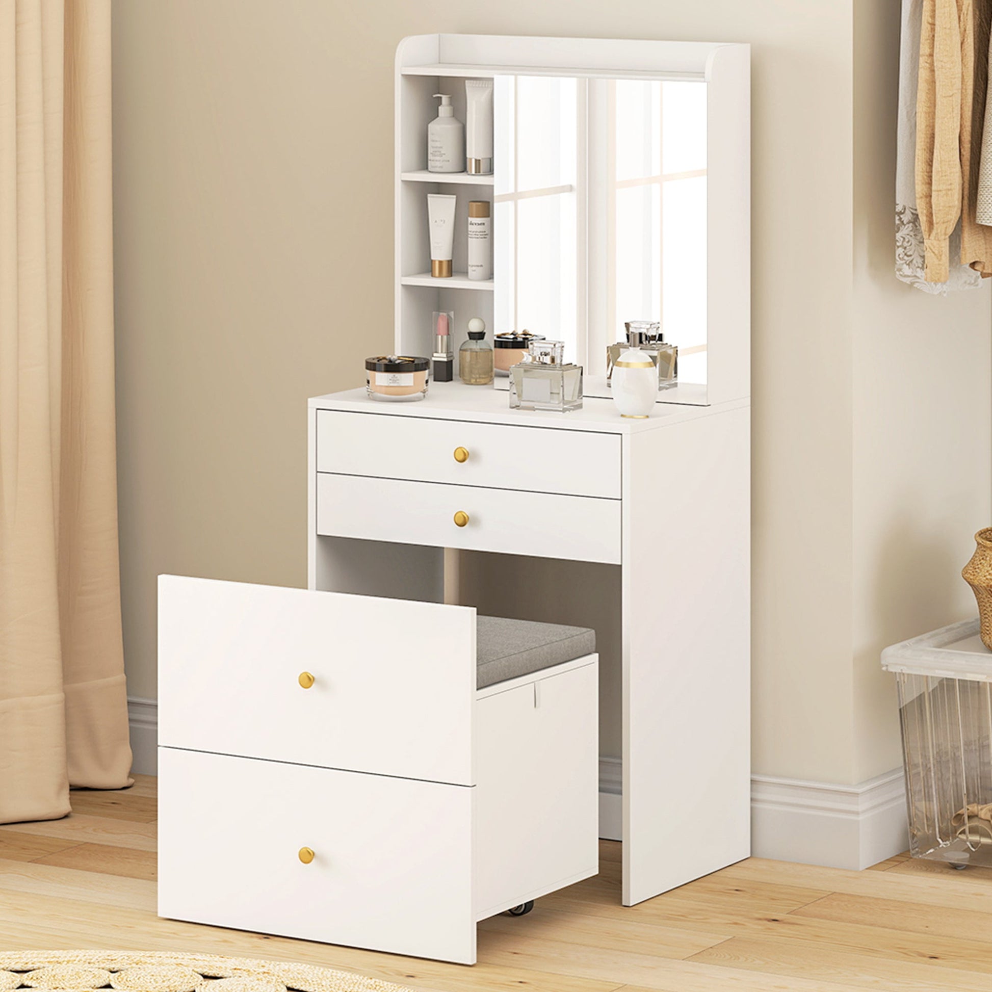 Dressing Table with Mirror and Mobile Storage Stool, Compact Vanity Table with Cabinet, Drawers, Open Shelves, Cushioned Seat, Modern Makeup Vanity Desk for Bedroom, White