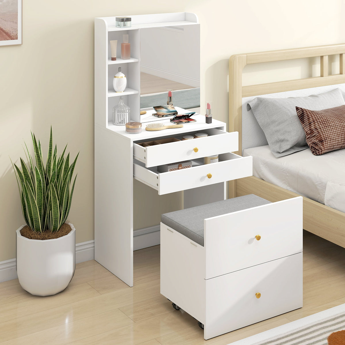 Dressing Table with Mirror and Mobile Storage Stool, Compact Vanity Table with Cabinet, Drawers, Open Shelves, Cushioned Seat, Modern Makeup Vanity Desk for Bedroom, White