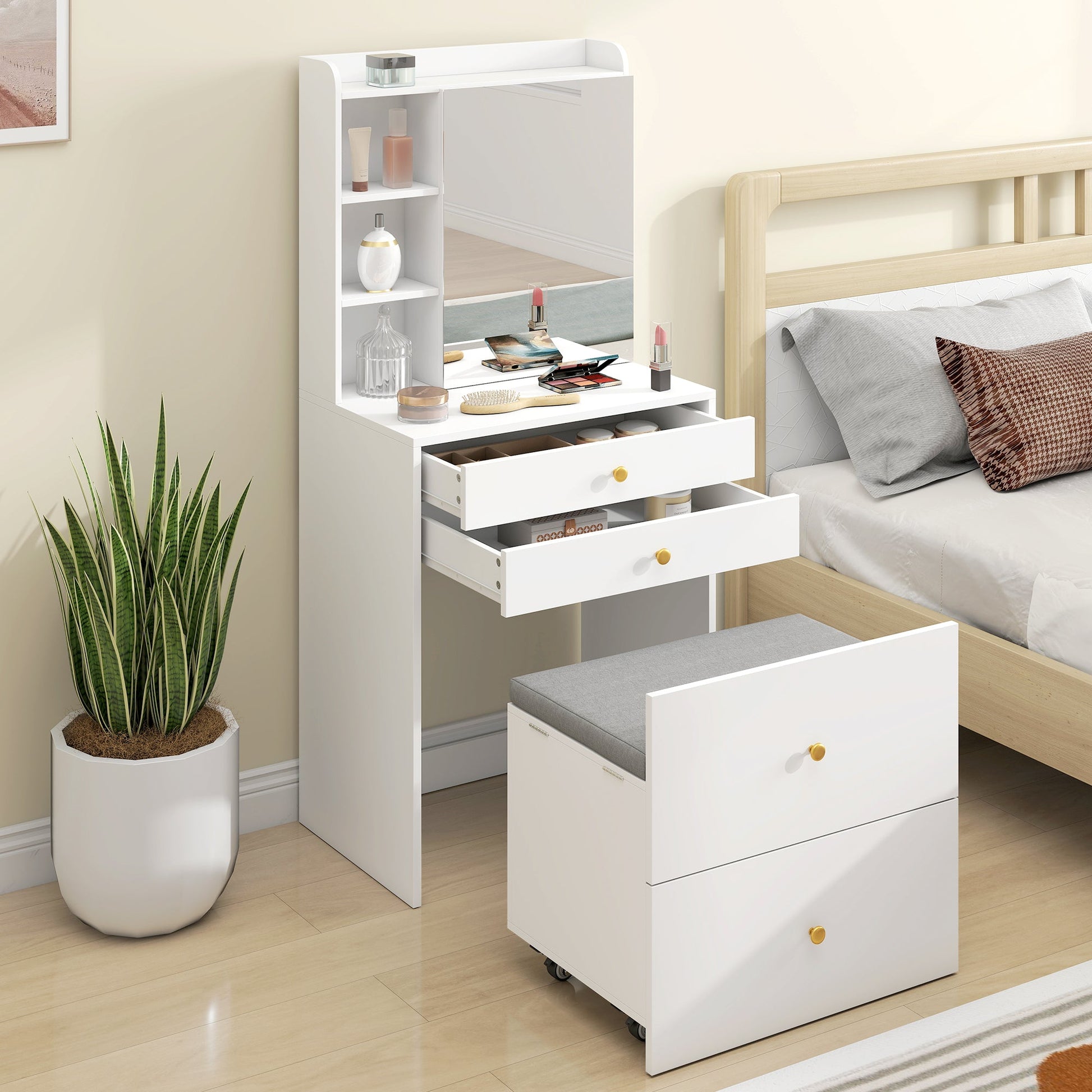 Dressing Table with Mirror and Mobile Storage Stool, Compact Vanity Table with Cabinet, Drawers, Open Shelves, Cushioned Seat, Modern Makeup Vanity Desk for Bedroom, White