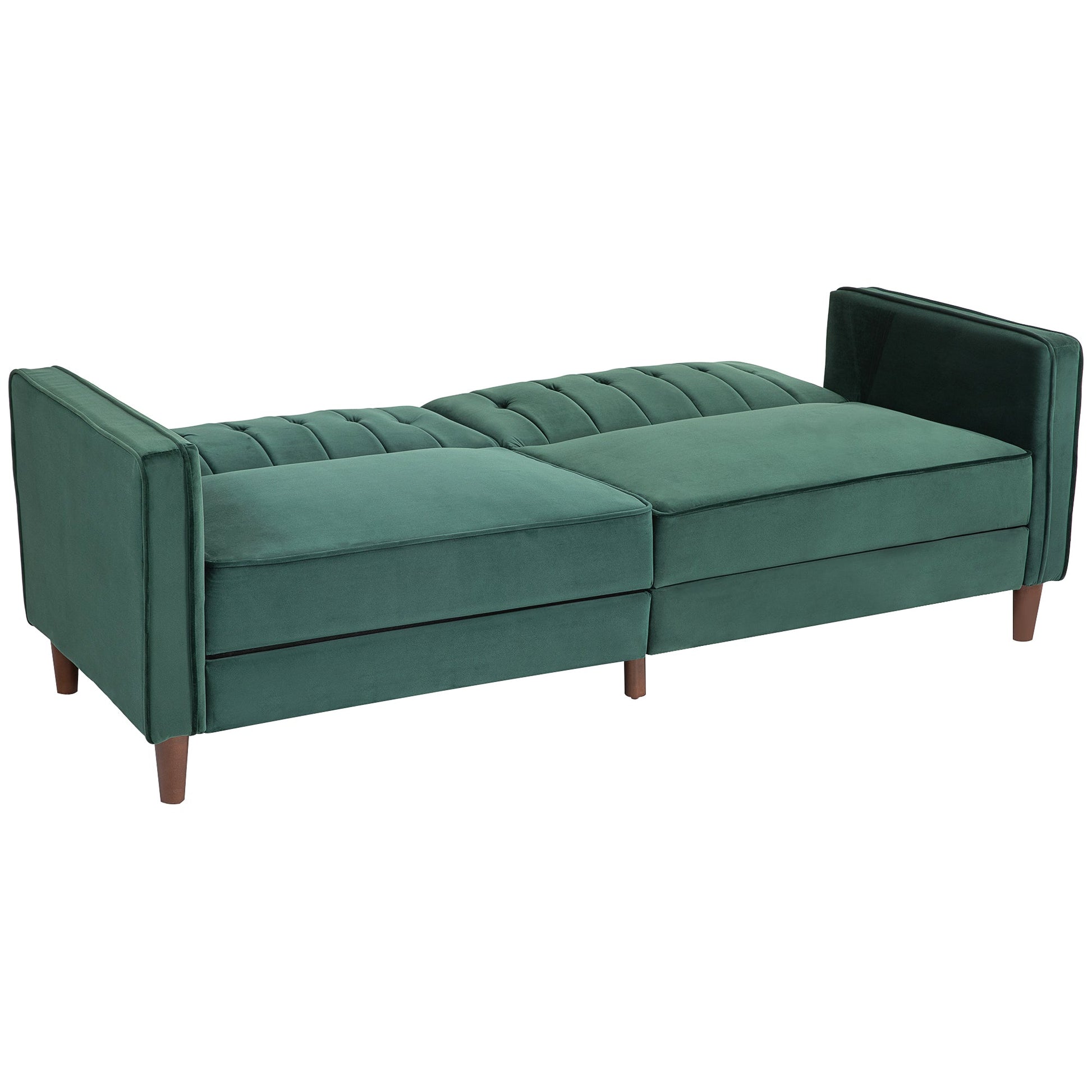 HOMCOM Modern 3 Seater Velvet Sofa Bed, Click Clack Sofa Bed, Button Tufted Sleeper Couch with Split Reclining Backrest and Rubber Wood Legs, Green