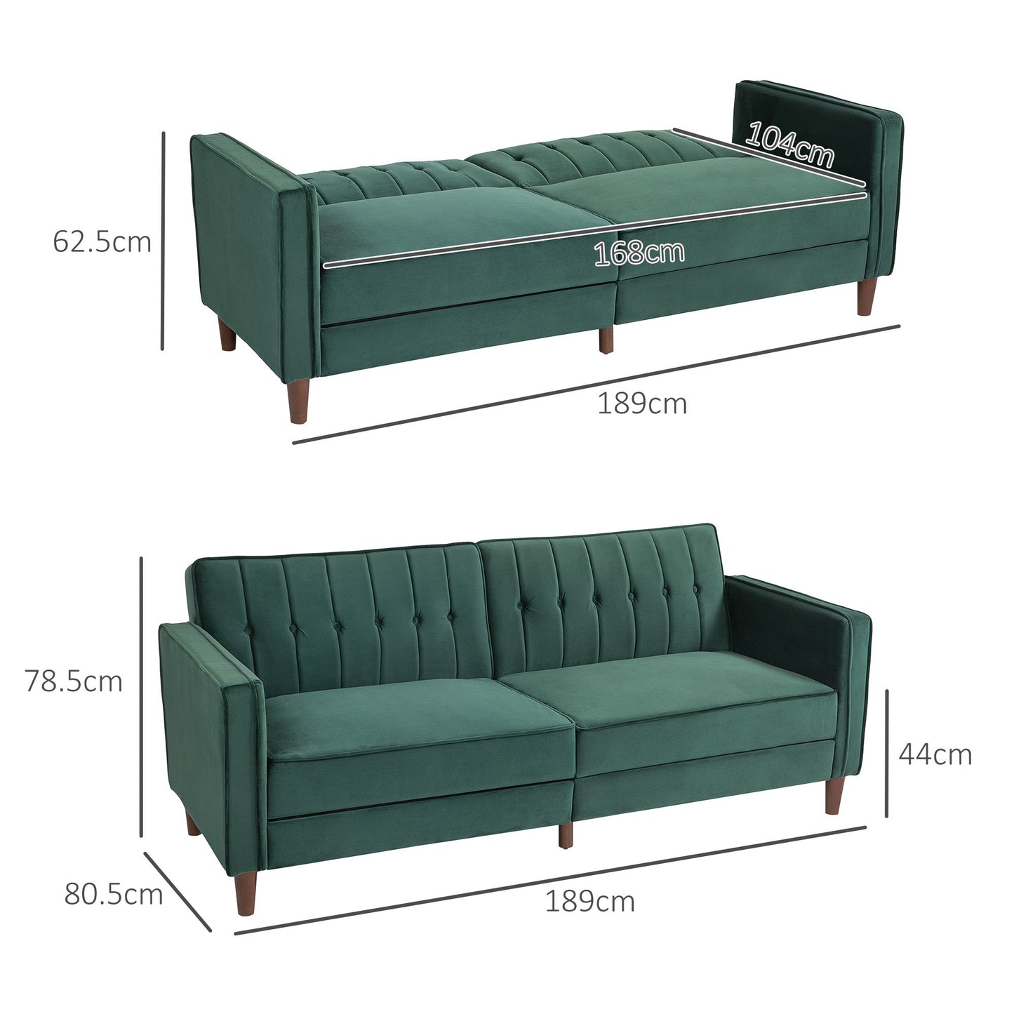 HOMCOM Modern 3 Seater Velvet Sofa Bed, Click Clack Sofa Bed, Button Tufted Sleeper Couch with Split Reclining Backrest and Rubber Wood Legs, Green