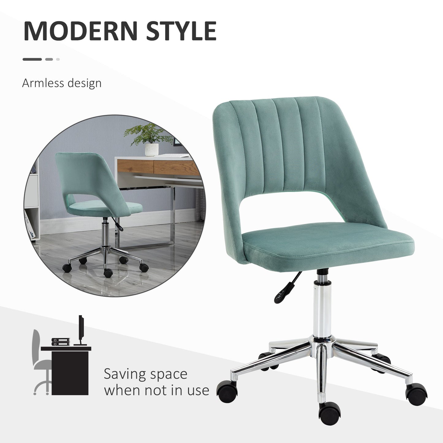 HOMCOM Mid Back Office Chair Velvet Fabric Swivel Scallop Shape Computer Desk Chair for Home Study Bedroom Green