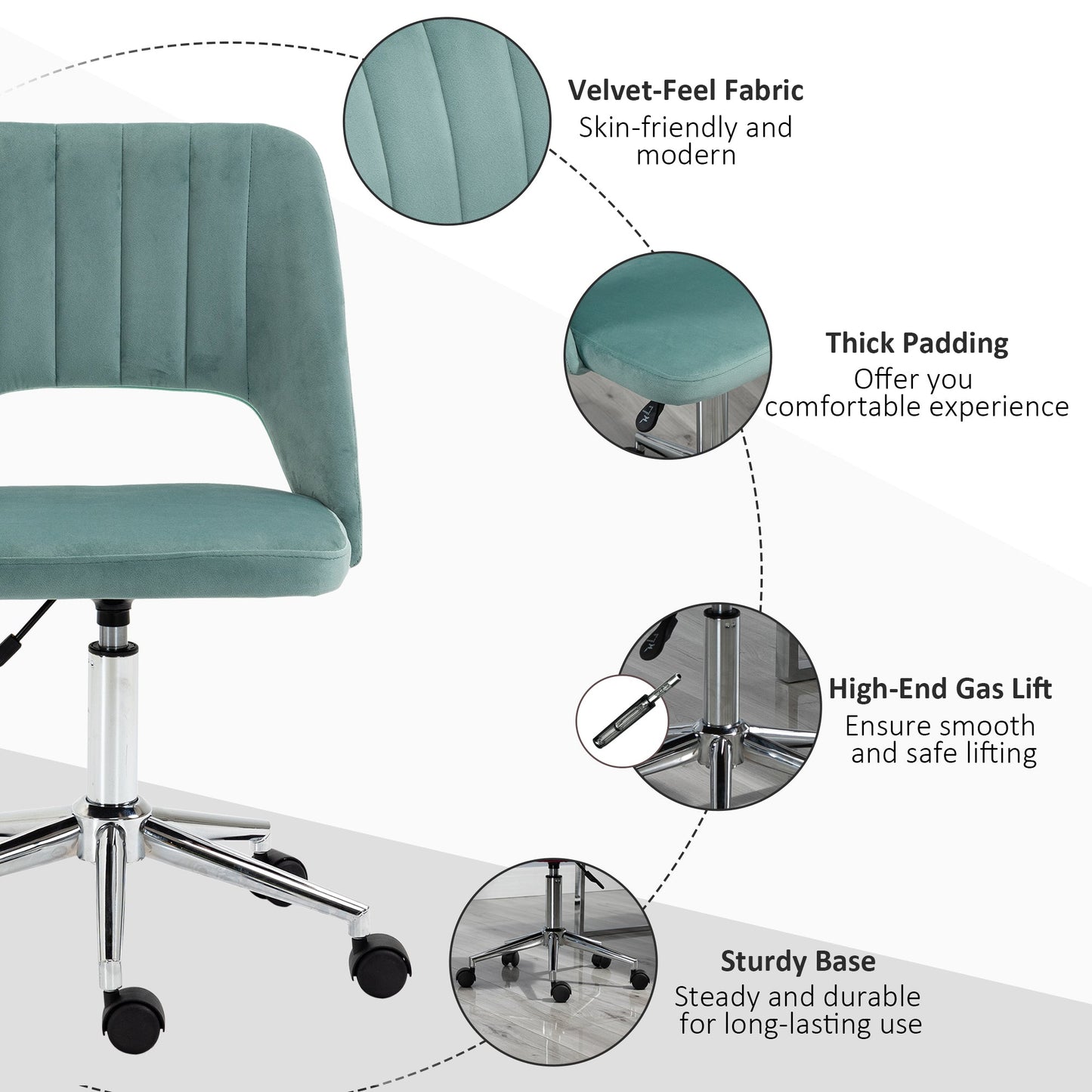 HOMCOM Mid Back Office Chair Velvet Fabric Swivel Scallop Shape Computer Desk Chair for Home Study Bedroom Green