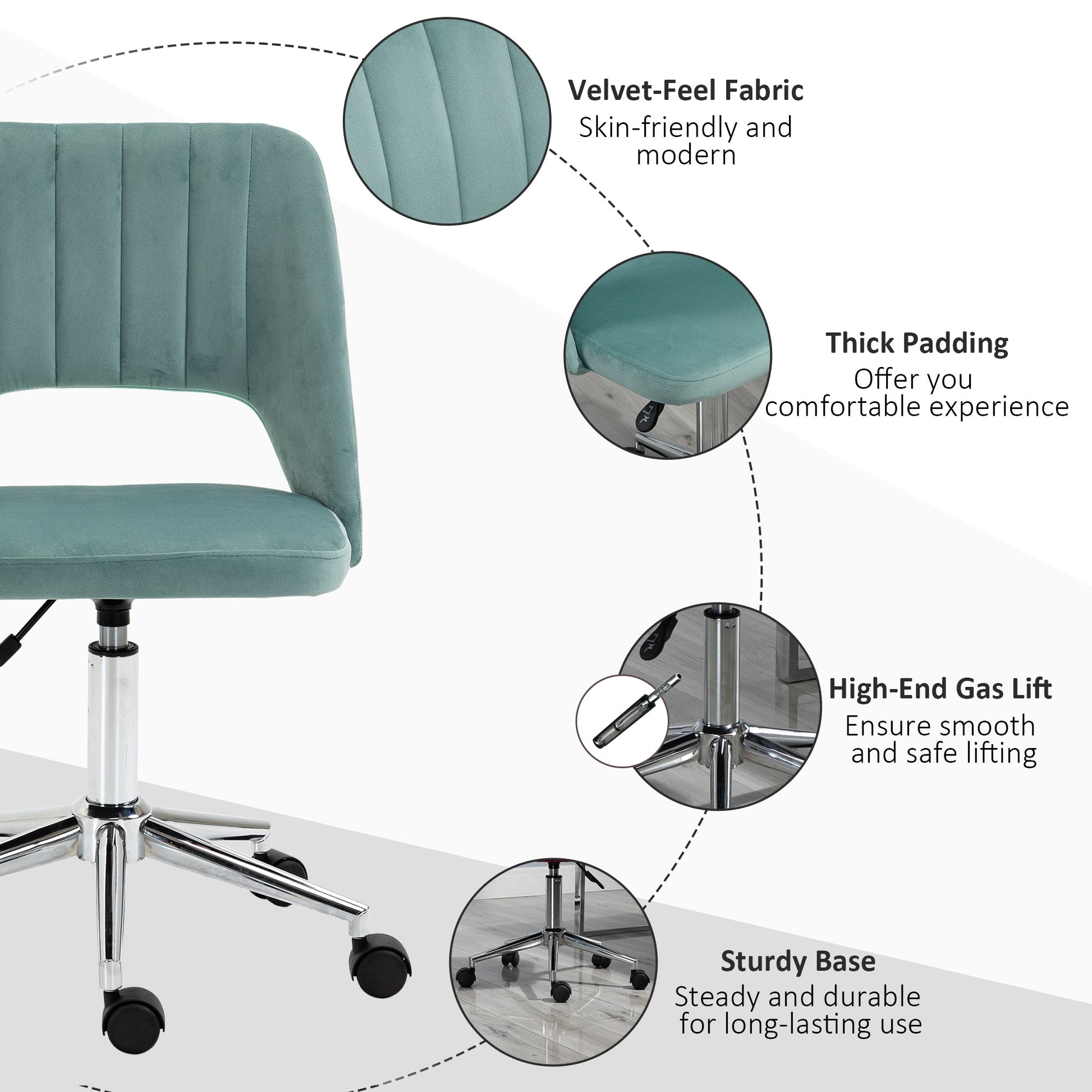 HOMCOM Mid Back Office Chair Velvet Fabric Swivel Scallop Shape Computer Desk Chair for Home Study Bedroom Green