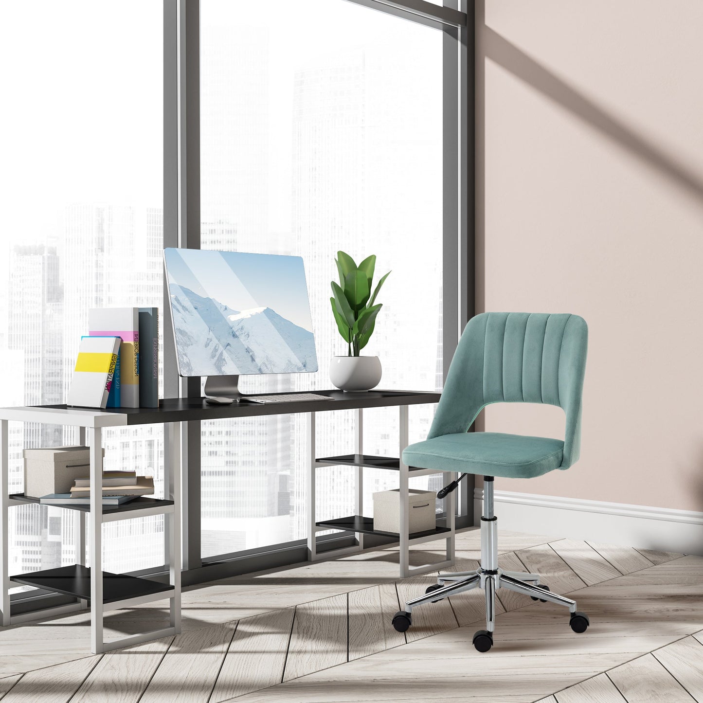 HOMCOM Mid Back Office Chair Velvet Fabric Swivel Scallop Shape Computer Desk Chair for Home Study Bedroom Green