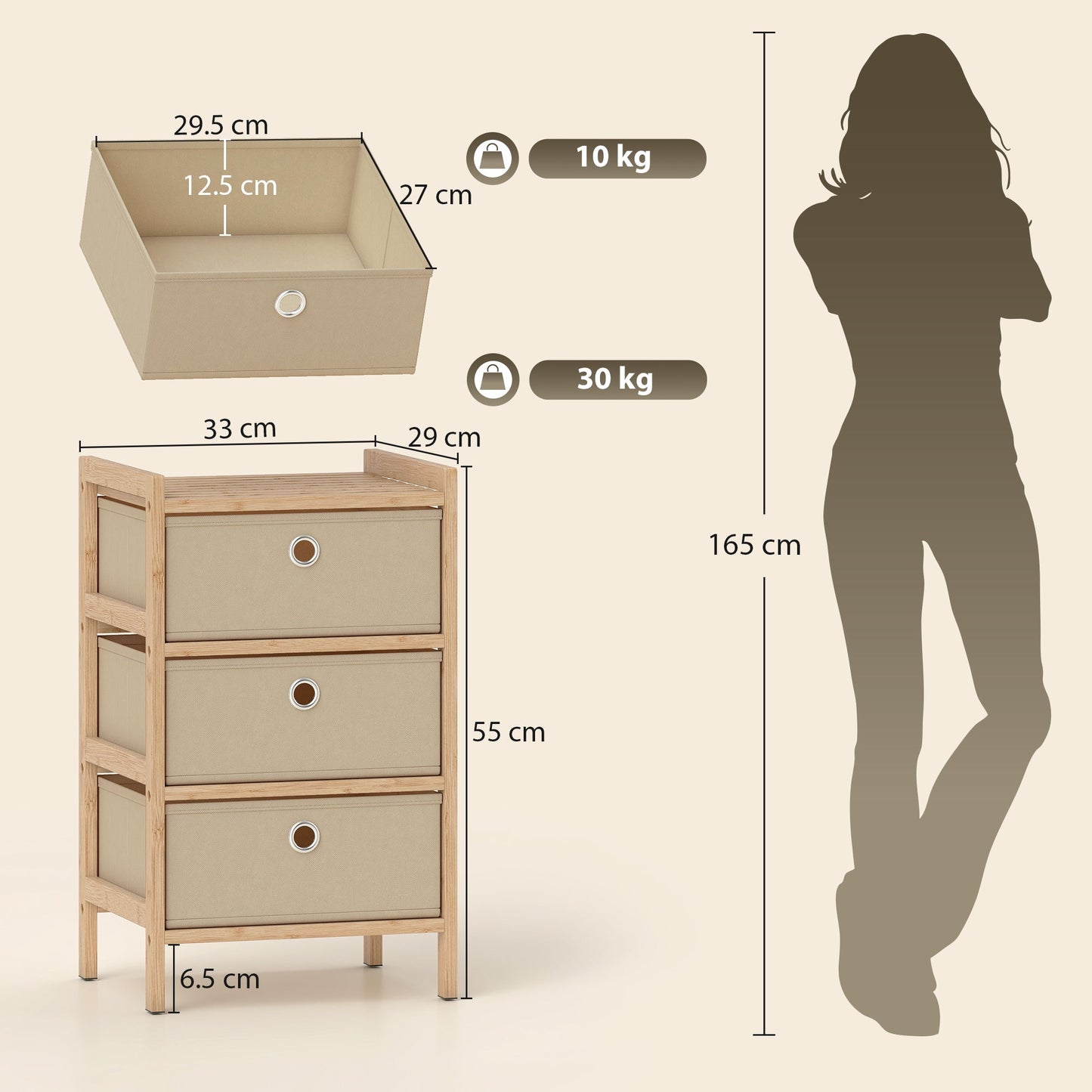 Chest of Drawers, 3 Fabric Drawers Dresser with Bamboo Frame, Narrow Storage Unit for Small Spaces, Bedroom, Living Room, Hallway, Cream White