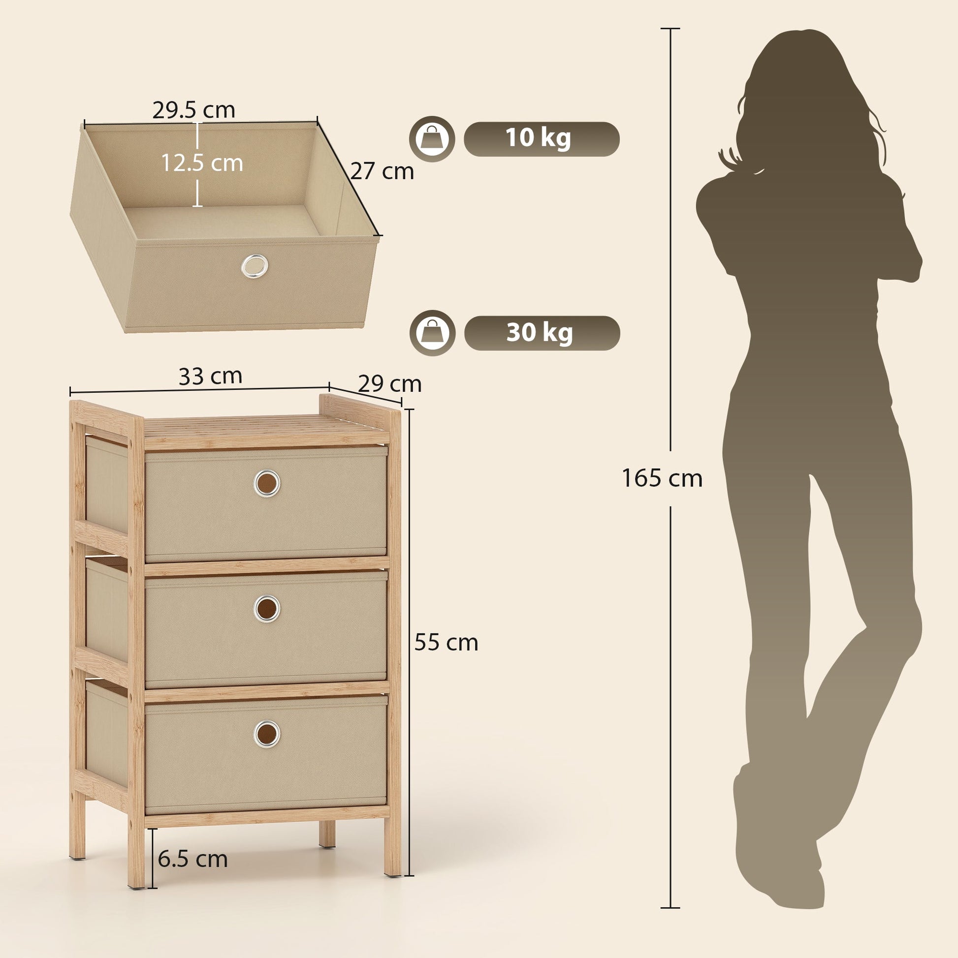 Chest of Drawers, 3 Fabric Drawers Dresser with Bamboo Frame, Narrow Storage Unit for Small Spaces, Bedroom, Living Room, Hallway, Cream White