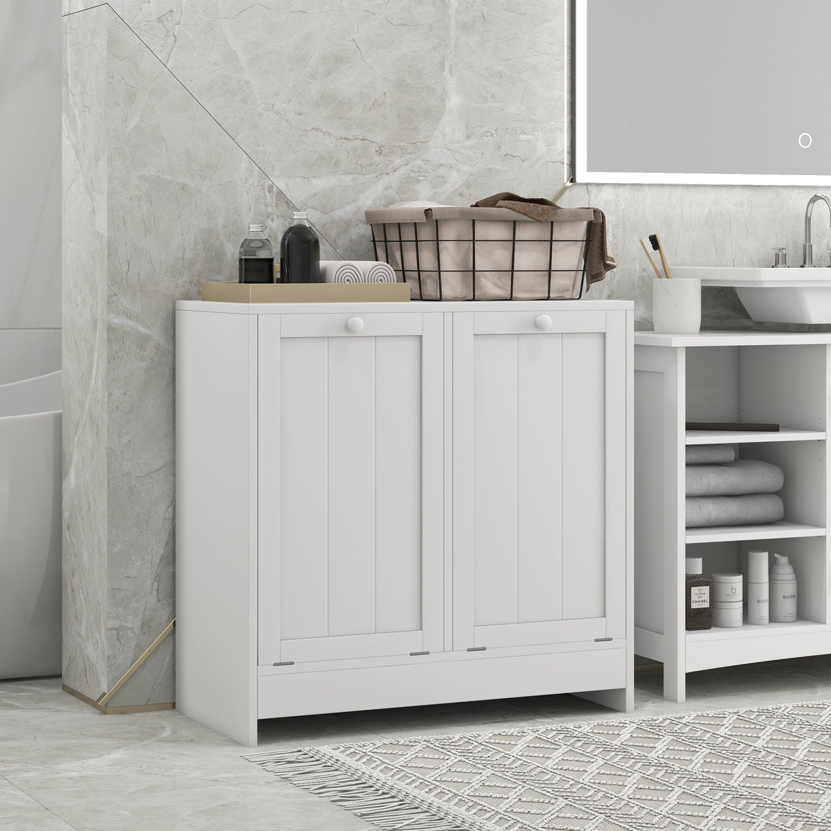kleankin 2 Doors Laundry Cabinet, Bathroom Cabinet with 2 Tilt-Out Hampers, Modern Storage Unit for Washroom, White