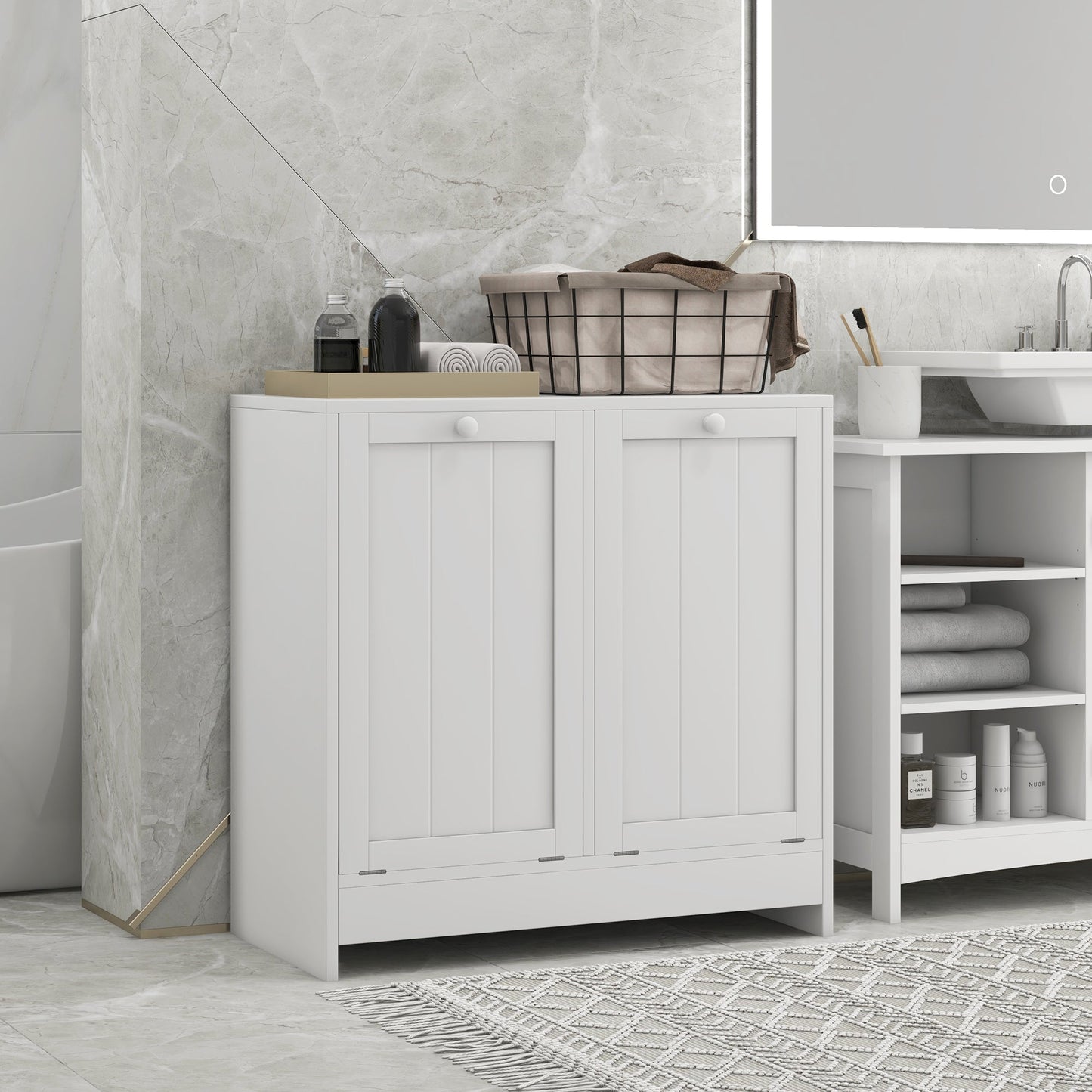 kleankin 2 Doors Laundry Cabinet, Bathroom Cabinet with 2 Tilt-Out Hampers, Modern Storage Unit for Washroom, White