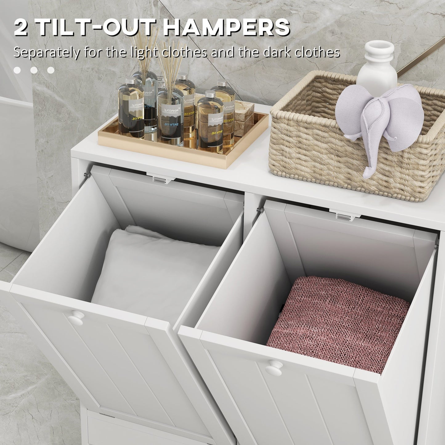 kleankin 2 Doors Laundry Cabinet, Bathroom Cabinet with 2 Tilt-Out Hampers, Modern Storage Unit for Washroom, White