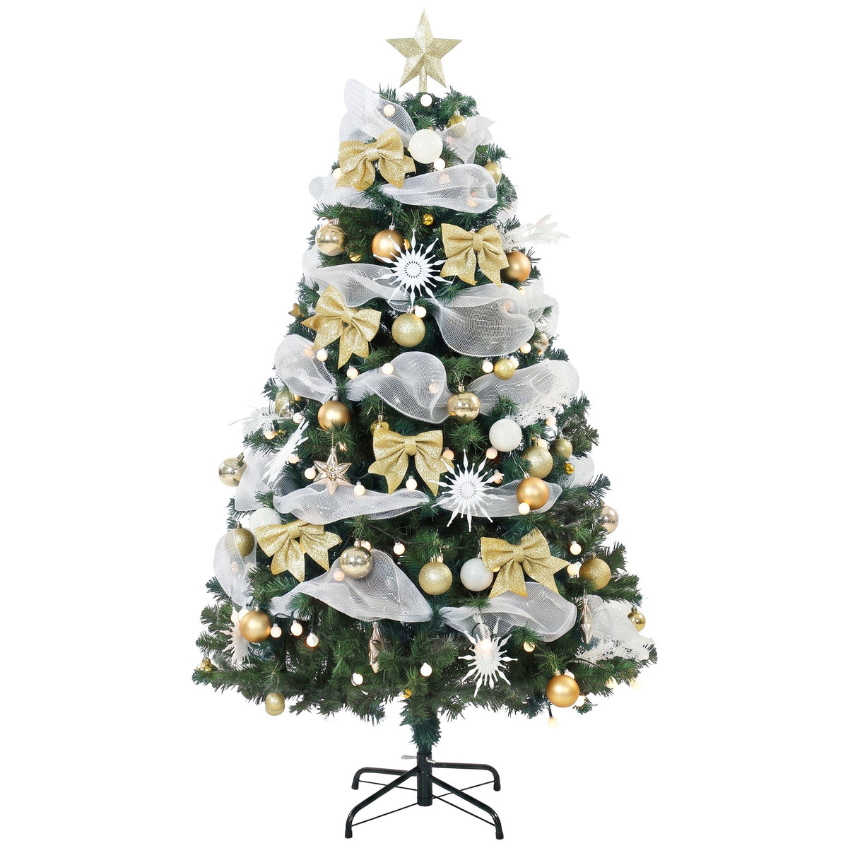 5ft Pre-Lit Christmas Tree with 150 LED Lights, Artificial Xmas Tree with 8 Lighting Modes, 450 Tips, Balls, Ribbons, Bows, Remote, Foldable Metal Stand, Green