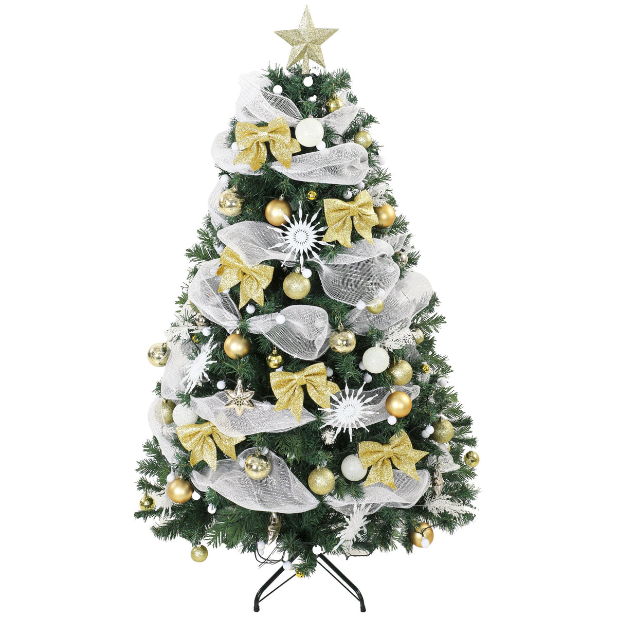 5ft Pre-Lit Christmas Tree with 150 LED Lights, Artificial Xmas Tree with 8 Lighting Modes, 450 Tips, Balls, Ribbons, Bows, Remote, Foldable Metal Stand, Green