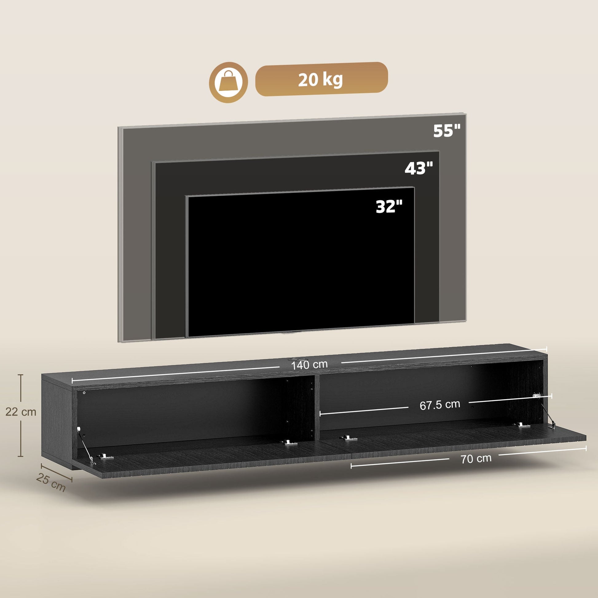 Floating TV Unit for Television up to 72 Inch, 180cm Wall Mount TV Stand Cabinet with Fluted Flip-Down Doors, Cable Management Hole, Entertainment Media Console for Living Room, Bedroom, Black