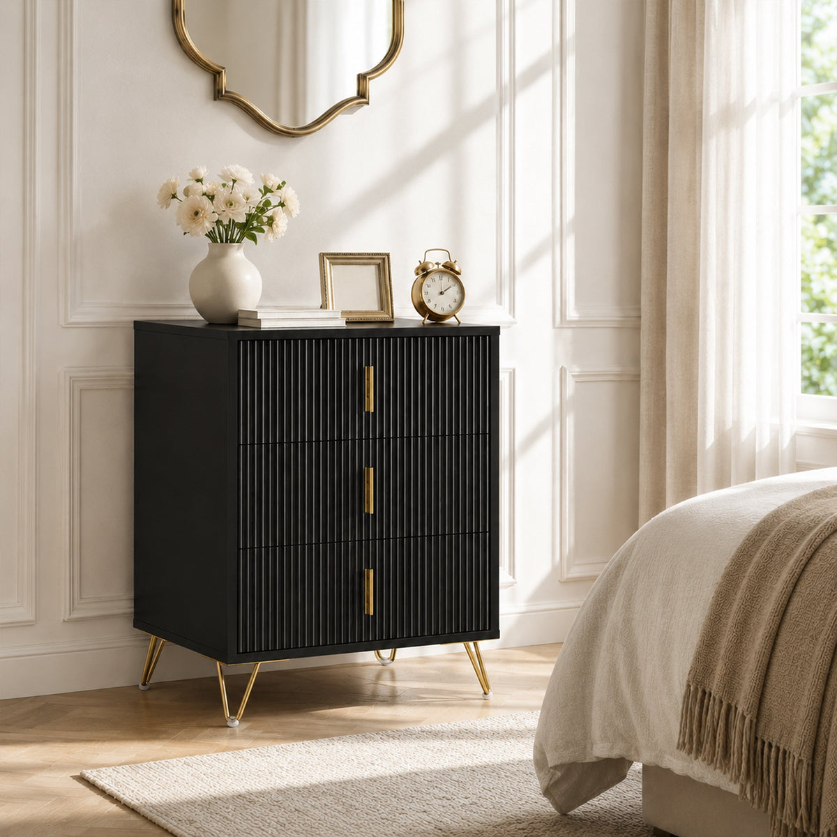 Modern 3 Drawer Dresser, Fluted Bedroom Dresser Chest of Drawers with Metal Legs and Steel Handles for Bedroom, Black