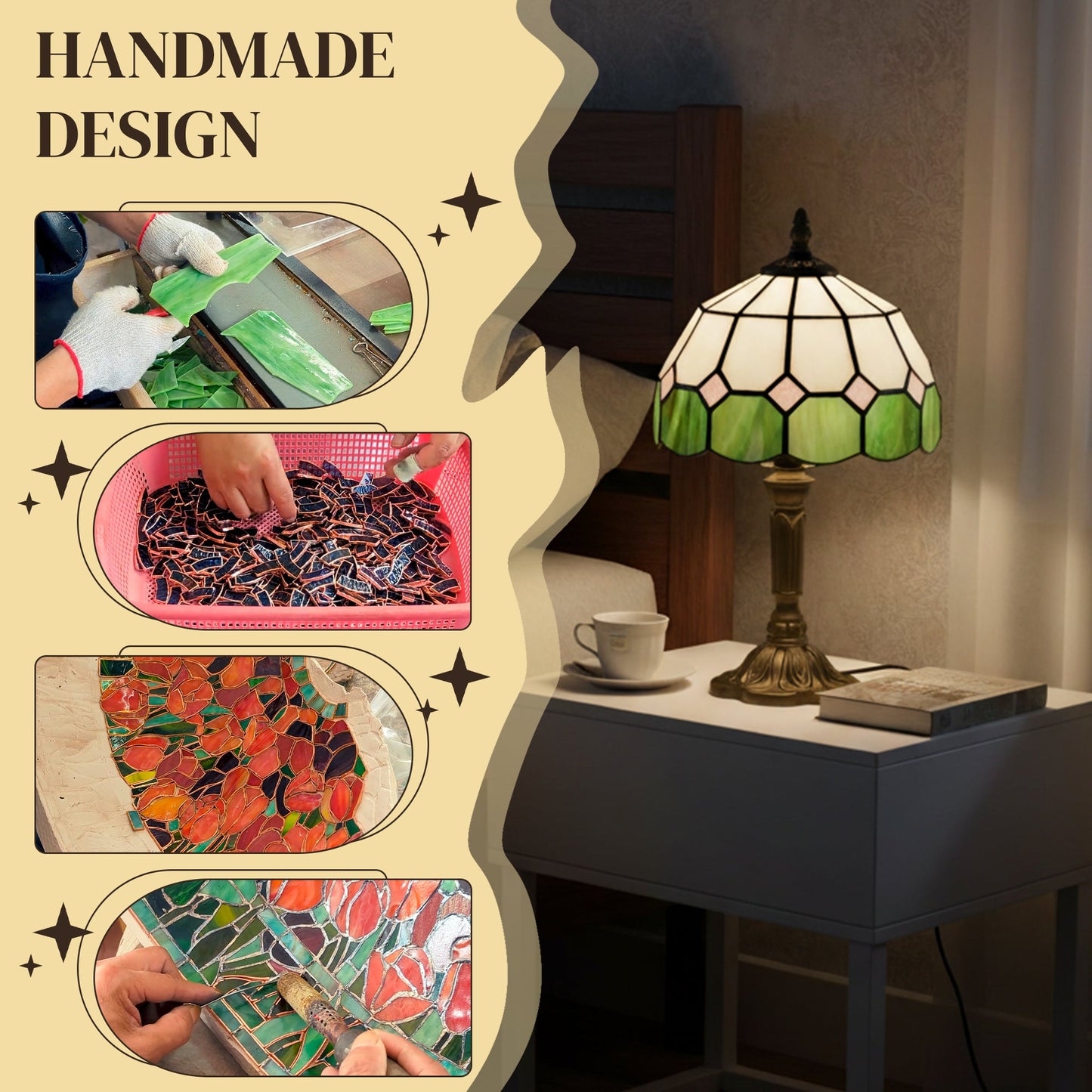 Handmade Stained Glass Table Lamp, Tiffany-Style Bedside Lamp for Bedroom, Living room, Home, Nightstand, Decorative Night Light, Green