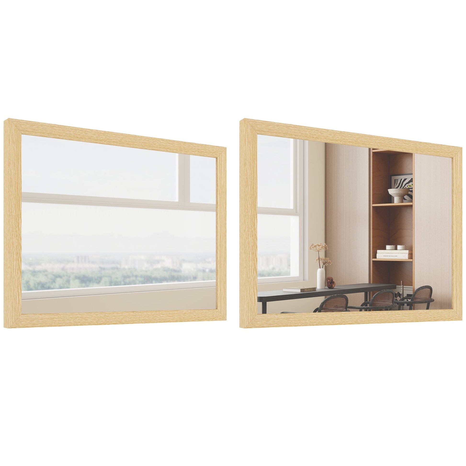 Decorative Rectangular Wall Mirror, 40W x 30H cm Wall-Mounted Bathroom Mirror for Living Room, Bedroom, Hallway, Set of 2, Natural Wood Finish
