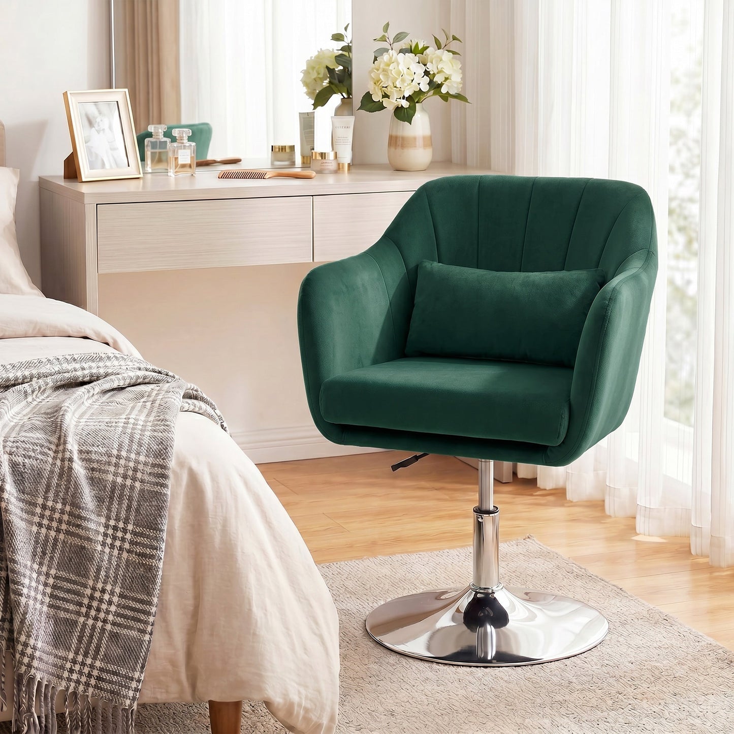 Swivel Accent Chair, Velvet Fabric Tub Vanity Chair, Modern Armchair with Adjustable Height and Lumbar Support for Living Room Bedroom Salon Make up Room Dressing Table, Dark Green