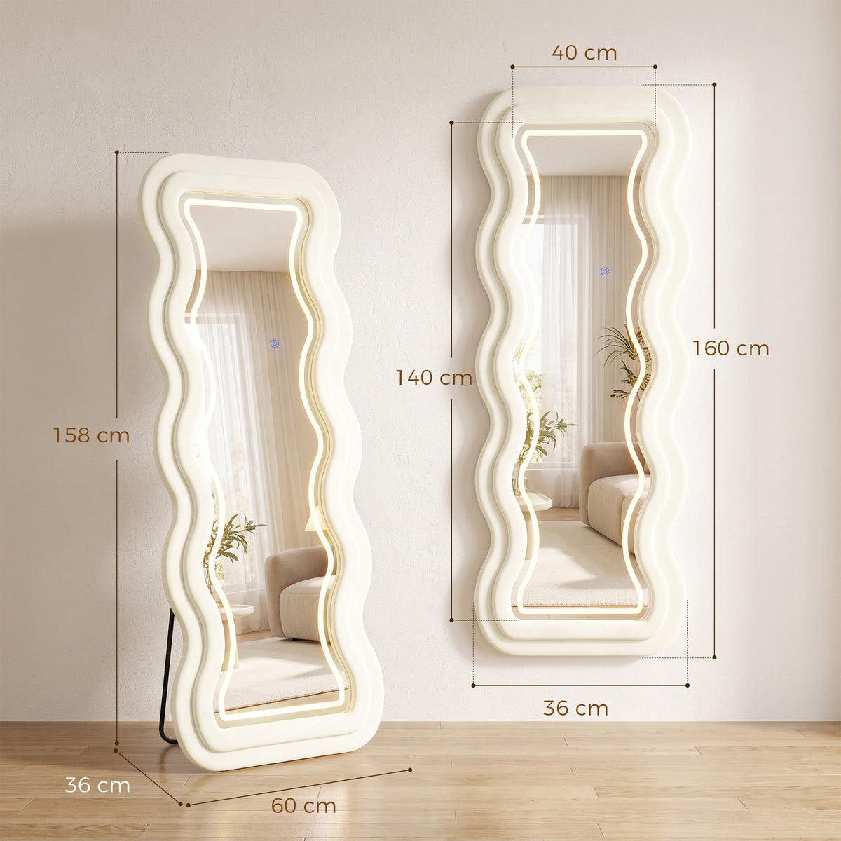 Full Length Mirror, 160 x 60 cm Arched Large Full Body Standing Mirror with Velvet Frame, HD Tempered Glass, Floor Standing, Wall Hanging or Leaning for Bedroom,  Living Room, Cream White