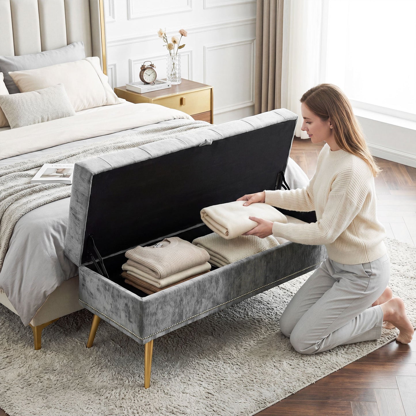 Storage Ottoman, Chenille Upholstered Ottoman Storage Box with Padded Seat, End of Bed Bench with Metal Legs for Bedroom, Hallway, Living Room, 114 x 41 x 45 cm, Grey