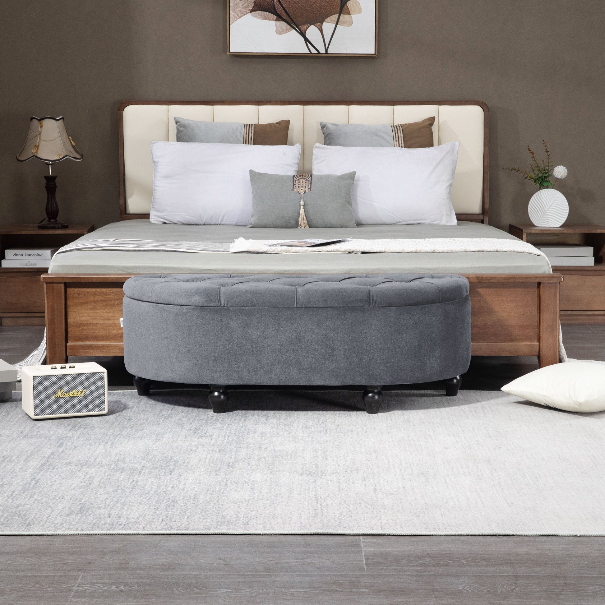 HOMCOM Semi-Circle Bed End Bench Ottoman with Storage Tufted Upholstered Accent Seat Footrest Stool with Rubberwood Legs for Bedroom & Entryway, Dark Grey