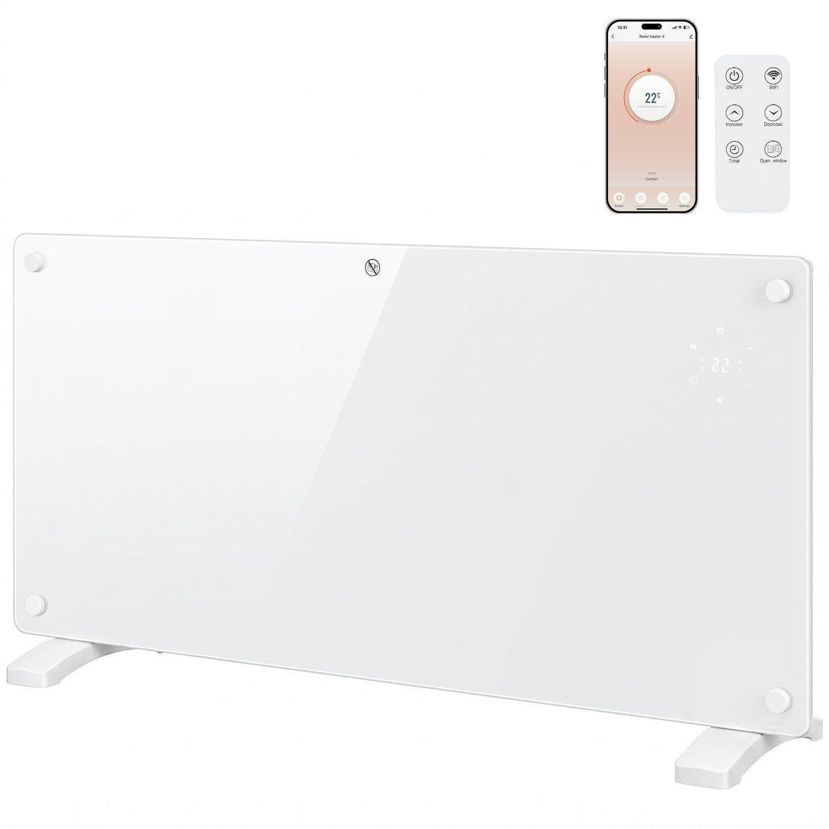 2000W Smart Glass Panel Heater Wall Mounted & Freestanding, Wifi Enabled, Works With Alexa & Google Home, Electric Heater with Weekly Timer, Open Window & Anti-Frost Mode, Thermostat, White