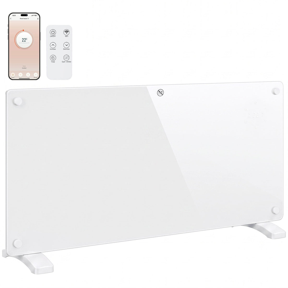 2000W Smart Glass Panel Heater Wall Mounted & Freestanding, Wifi Enabled, Works With Alexa & Google Home, Electric Heater with Weekly Timer, Open Window & Anti-Frost Mode, Thermostat, White