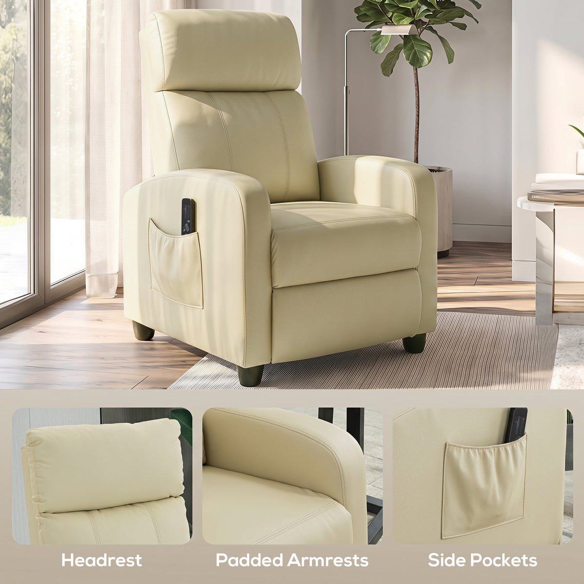 Recliner Armchair, Massage Faux Leather Push Back Reclining Chair with Adjustable Leg Rest, Side Pocket, for Home Living Room Theatre, Cream White