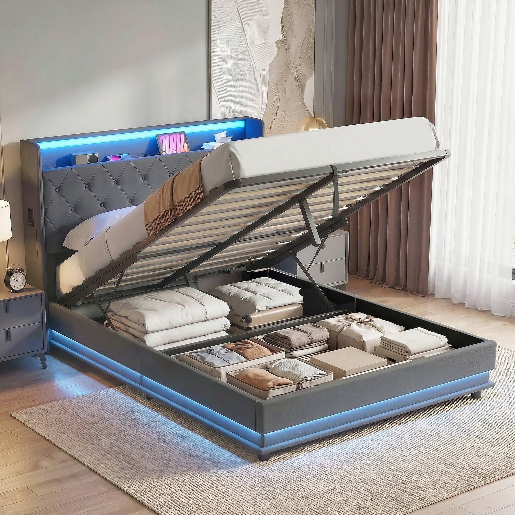 4ft6 Double Ottoman Bed Frame with Hydraulic Storage, APP Control LED Lights and Charging Station, Upholstered Lift Up Storage Bed Frame with Headboard, No Box Spring Needed, Dark Grey