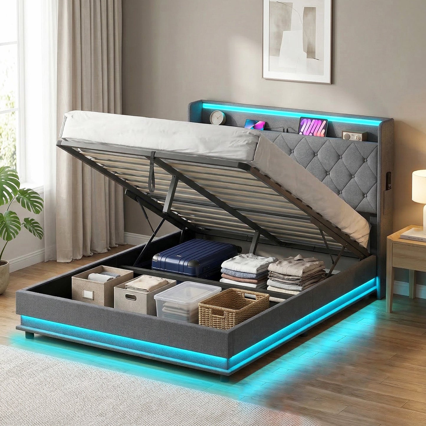 4ft6 Double Ottoman Bed Frame with Hydraulic Storage, APP Control LED Lights and Charging Station, Upholstered Lift Up Storage Bed Frame with Headboard, No Box Spring Needed, Dark Grey