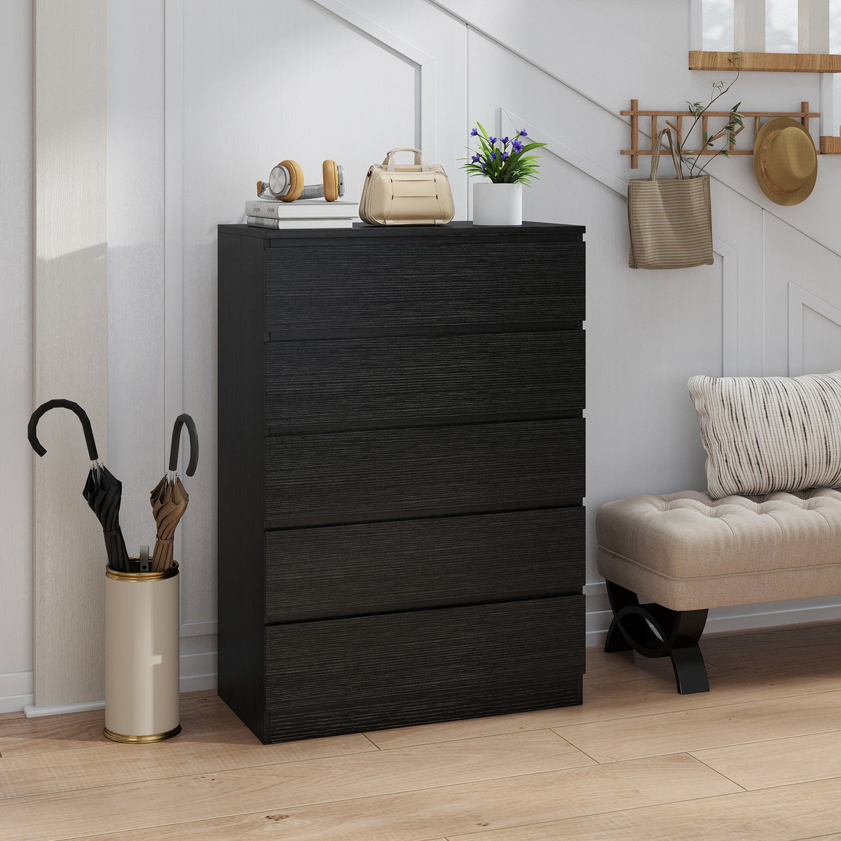Chest of Drawers, 5 Drawer Dresser, Modern Storage Cabinet with 5 Drawers, for Bedroom, Living Room, Black