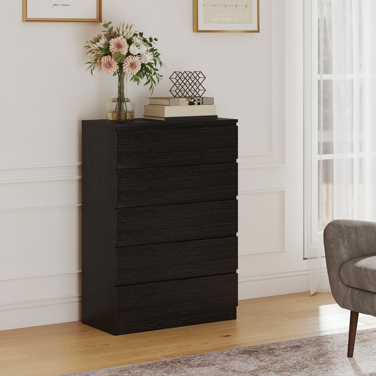 Chest of Drawers, 5 Drawer Dresser, Modern Storage Cabinet with 5 Drawers, for Bedroom, Living Room, Black