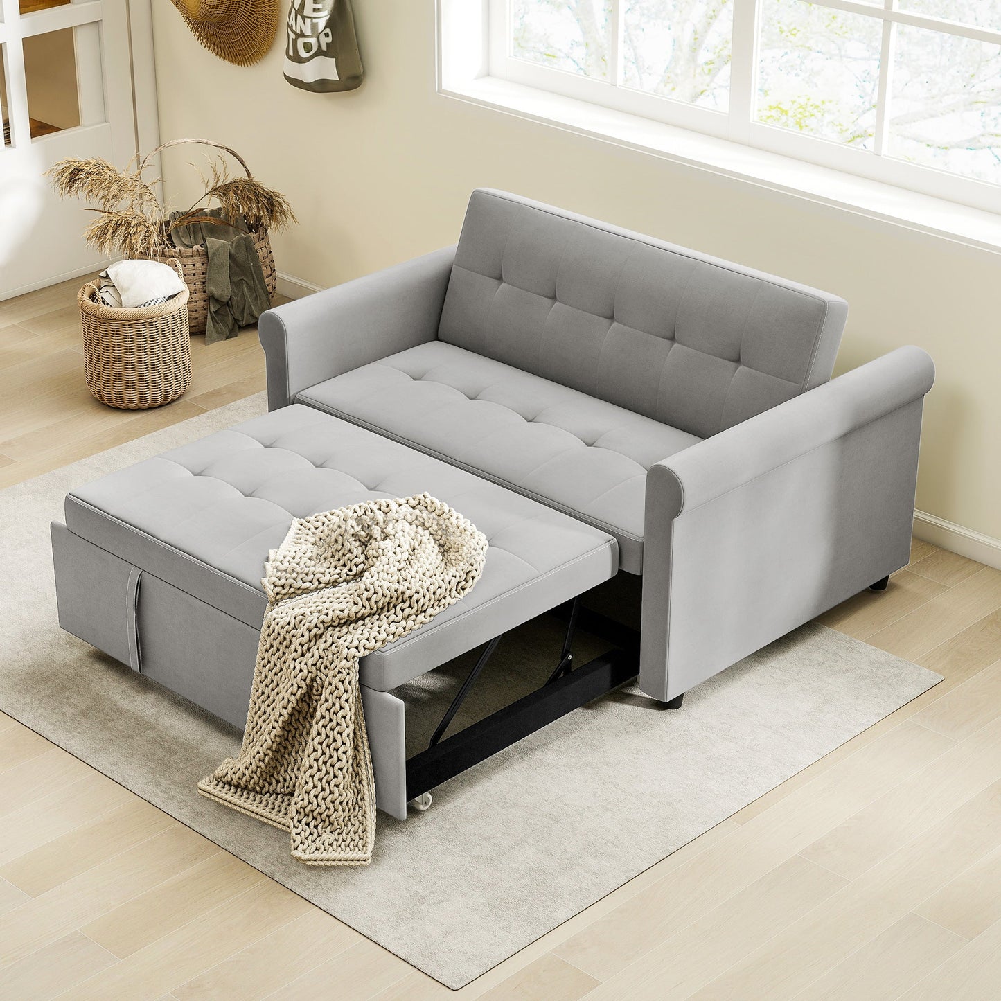 2 Seater Sofa Bed with 7-Position Adjustable Backrest, Convertible Pull Out Sleeper Sofa, Mid-Century Modern Fabric Bed Settee for Living Room, Guest Room, Grey