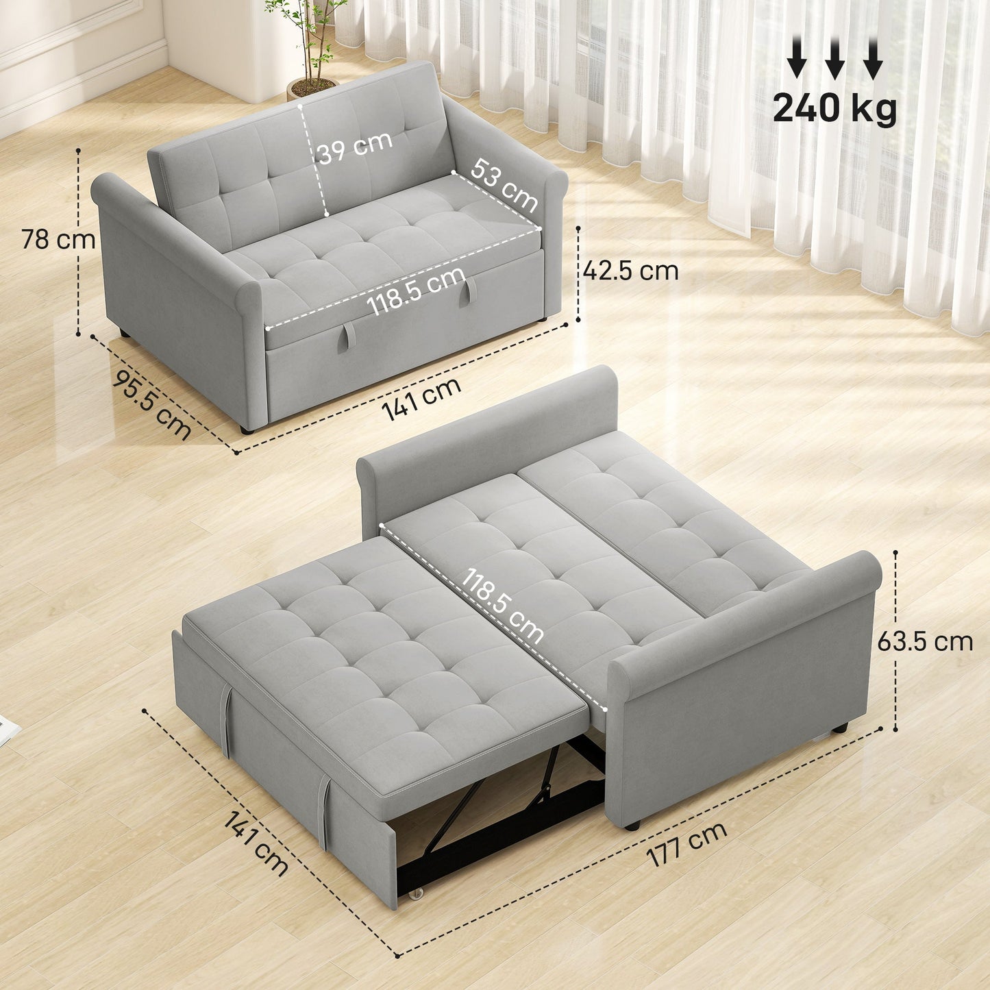 2 Seater Sofa Bed with 7-Position Adjustable Backrest, Convertible Pull Out Sleeper Sofa, Mid-Century Modern Fabric Bed Settee for Living Room, Guest Room, Grey