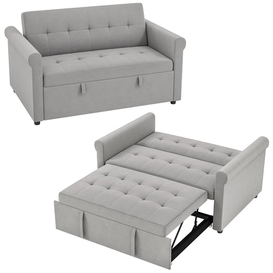 2 Seater Sofa Bed with 7-Position Adjustable Backrest, Convertible Pull Out Sleeper Sofa, Mid-Century Modern Fabric Bed Settee for Living Room, Guest Room, Grey