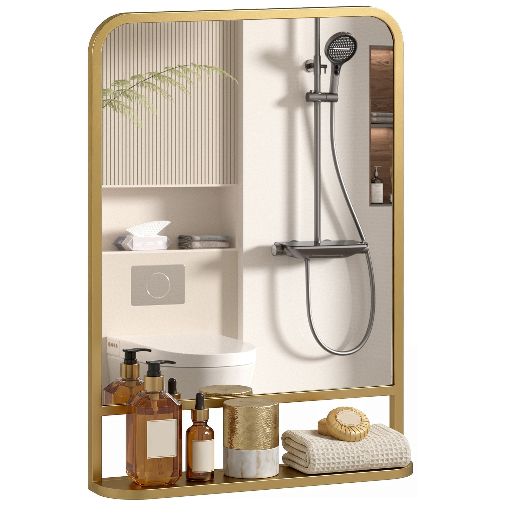 Modern Rectangular Wall Mirror with Storage Shelf, 70 x 50 cm Mirror for Living Room, Bedroom, Gold Tone