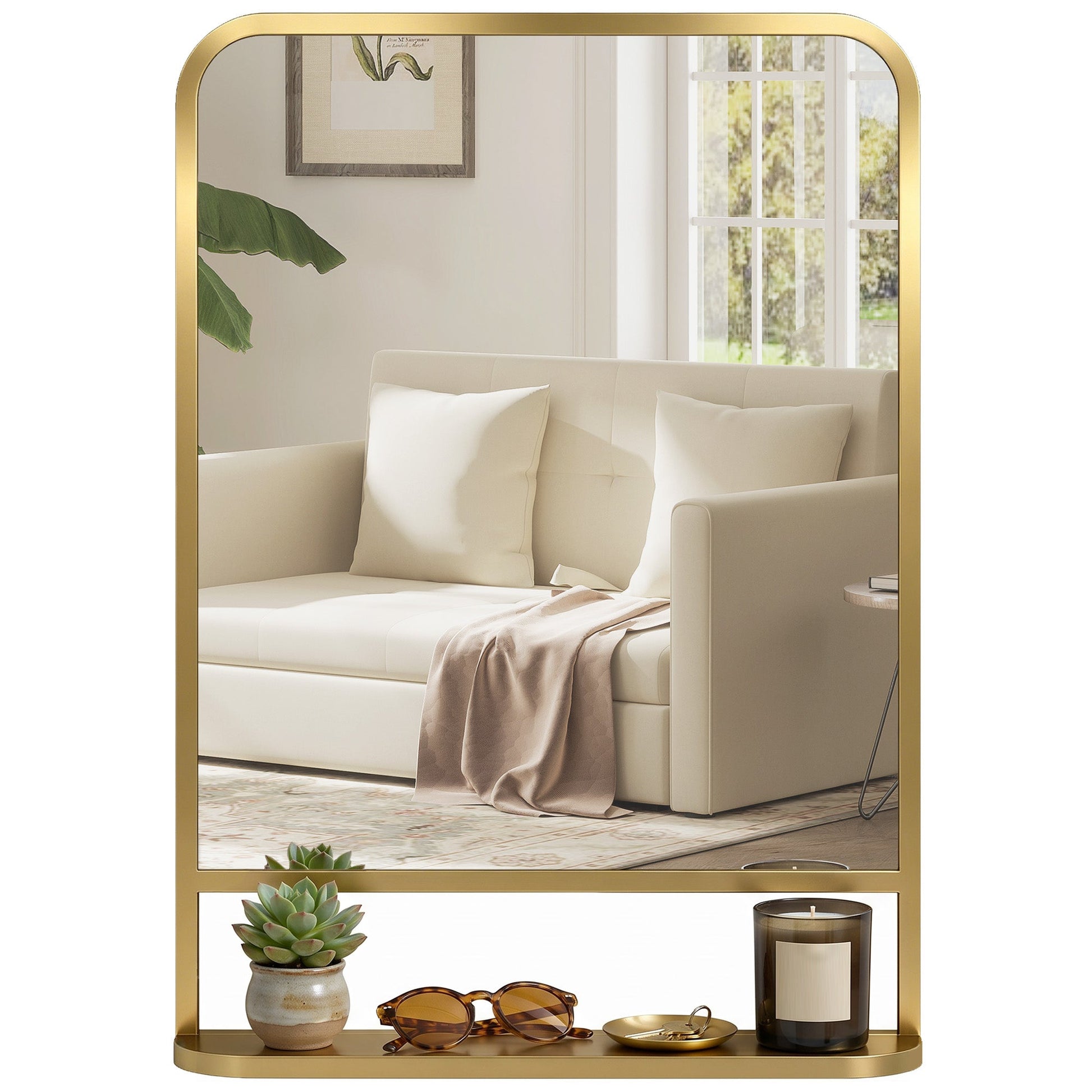 Modern Rectangular Wall Mirror with Storage Shelf, 70 x 50 cm Mirror for Living Room, Bedroom, Gold Tone