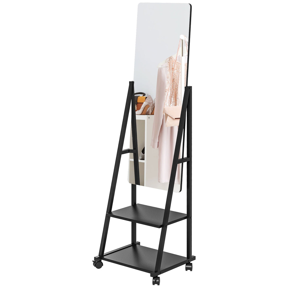 HOMCOM Free Standing Full Length Mirror, Rolling Full Body Mirror with Adjustable Angle, 2 Storage Shelves and 4 Wheels for Bedroom, Living Room, Hallway, Black