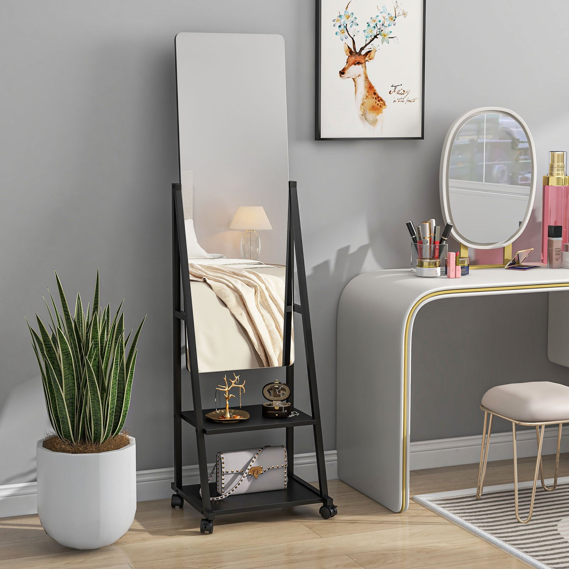 HOMCOM Free Standing Full Length Mirror, Rolling Full Body Mirror with Adjustable Angle, 2 Storage Shelves and 4 Wheels for Bedroom, Living Room, Hallway, Black