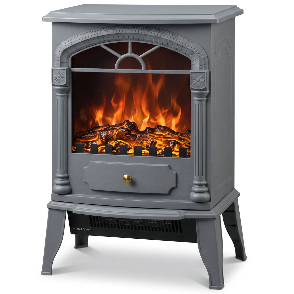 Electric Fireplace Stove Heater with 3D Flame Effect, 2000W/1000W, Freestanding Portable Fireplace with Adjustable Thermostat, 2 Heat Settings for Living Room, Grey
