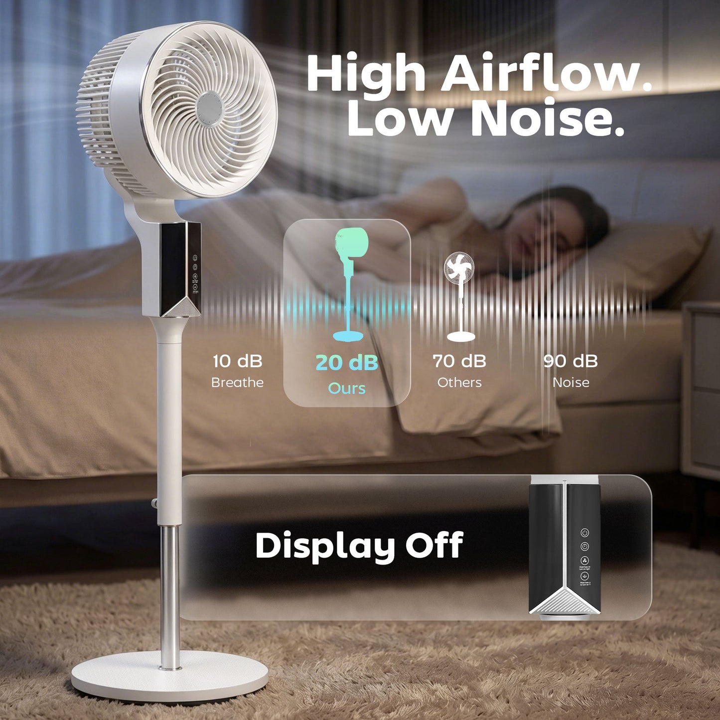 20 dB Silent Standing Fan for Bedroom, 46" Pedestal Fan with 65° Oscillating, 85° Vertical Tilt, 8 Speeds, Remote Control, 12H Timer, Adjustable Height, White