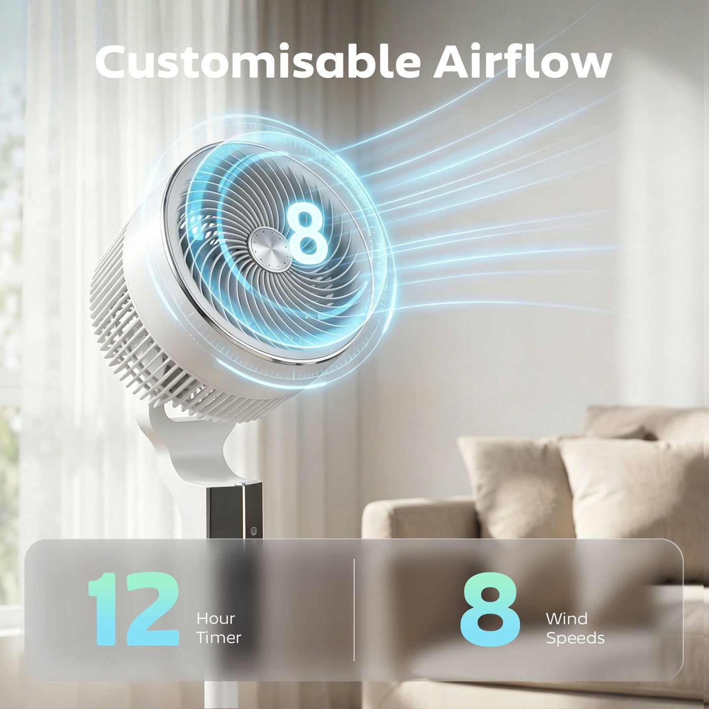20 dB Silent Standing Fan for Bedroom, 46" Pedestal Fan with 65° Oscillating, 85° Vertical Tilt, 8 Speeds, Remote Control, 12H Timer, Adjustable Height, White