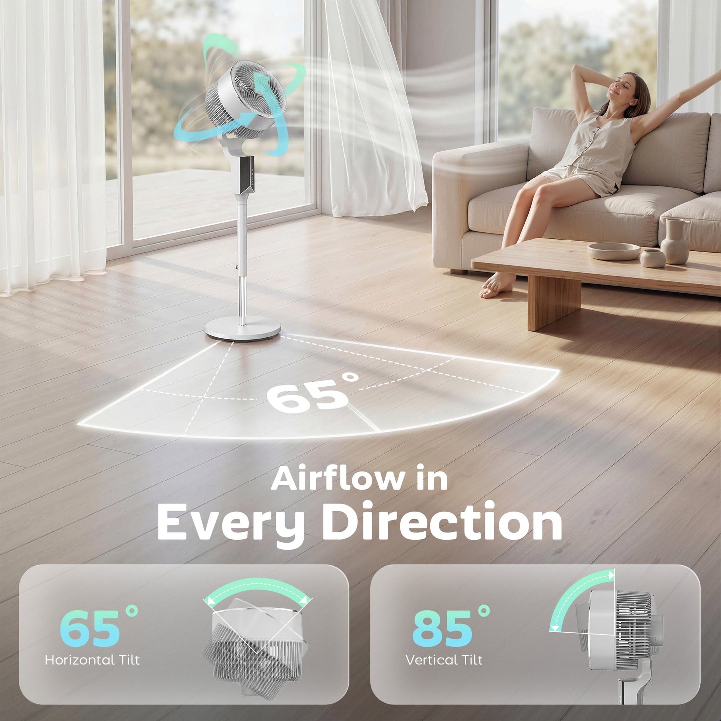 20 dB Silent Standing Fan for Bedroom, 46" Pedestal Fan with 65° Oscillating, 85° Vertical Tilt, 8 Speeds, Remote Control, 12H Timer, Adjustable Height, White
