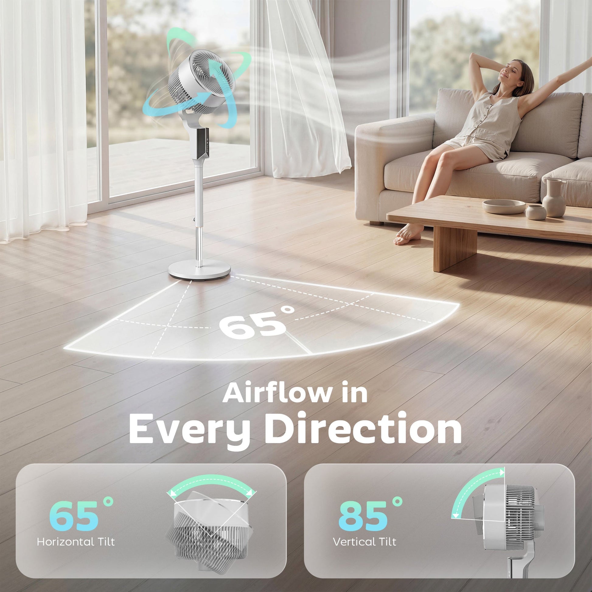20 dB Silent Standing Fan for Bedroom, 46" Pedestal Fan with 65° Oscillating, 85° Vertical Tilt, 8 Speeds, Remote Control, 12H Timer, Adjustable Height, White