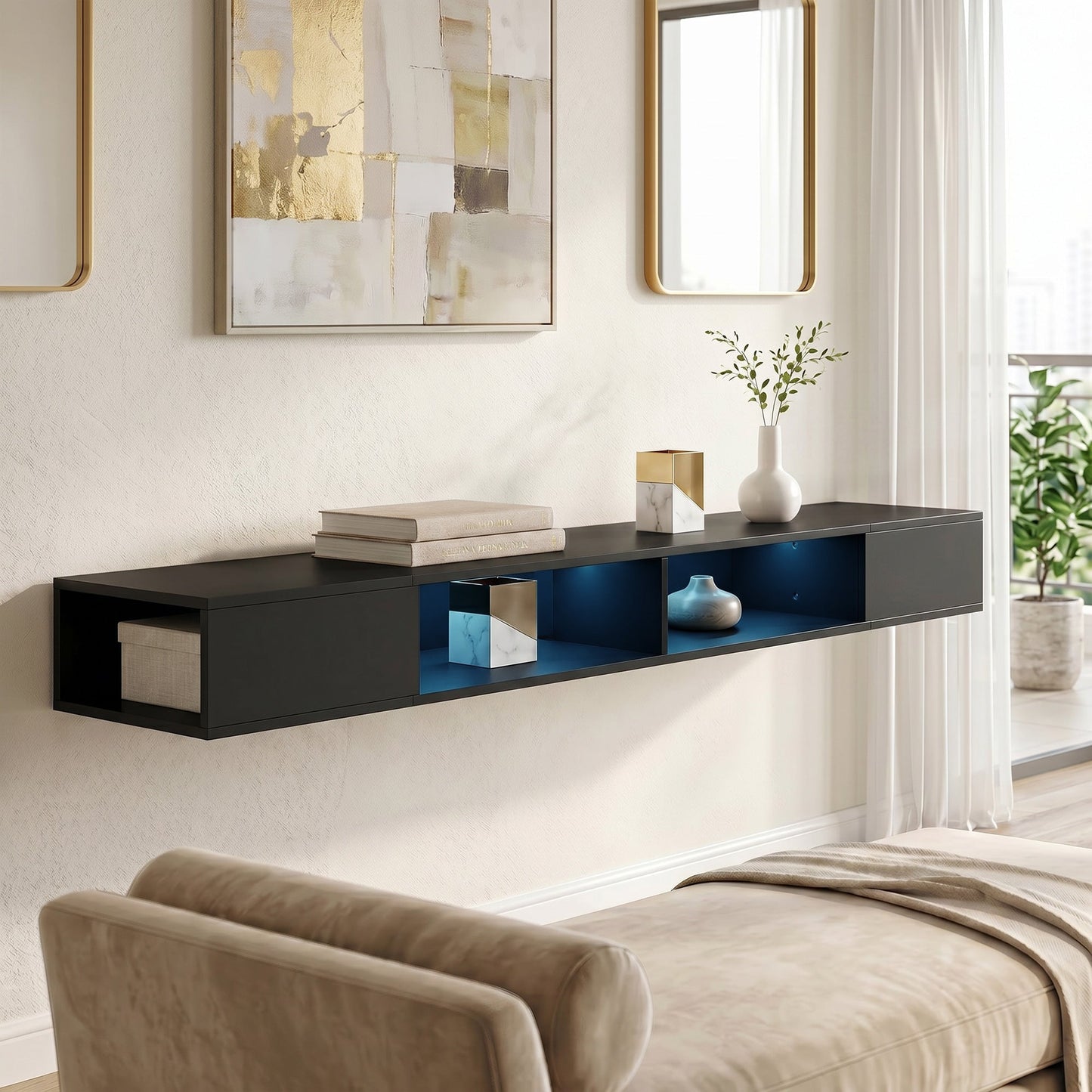 TV Stand for TVs up to 75 Inch, Modern Entertainment Center with RGB LED Lights, USB Powered, Wall-Mounted Media Console Table with 4 Open Storage Shelves for Living Room, Black